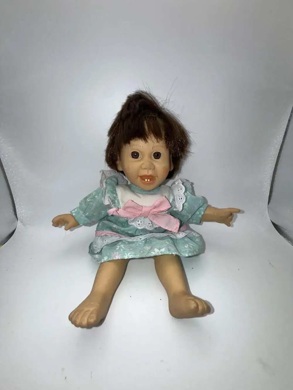 Vintage 1990s Gigo Palm Pals Expression Vinyl Doll with Floral Dress